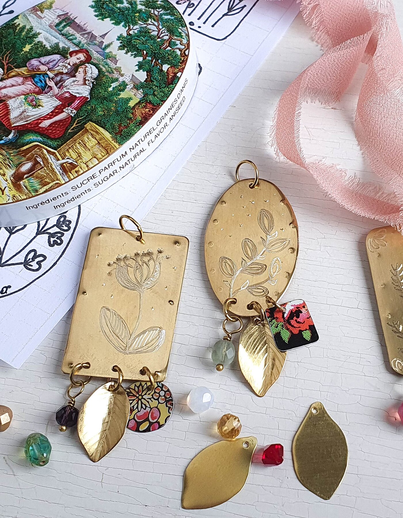 Brass necklace with charms.