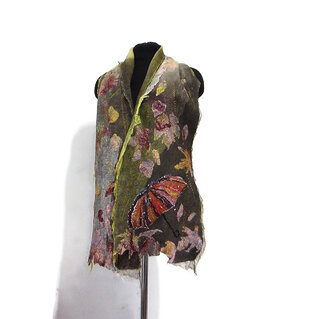 Art Scarf felted wool merino silk Scarf women warm long brown gold Handmade felting unique gift for her