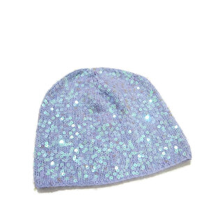 Cappello a cuffia argento blu invernale in lana lavorato a maglia con paillettes fatto a mano